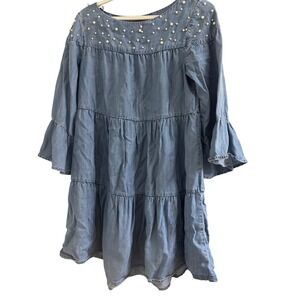 Chelsea & Theodore Denim Pearl Embellished Tiered Bell Sleeve Dress Size S